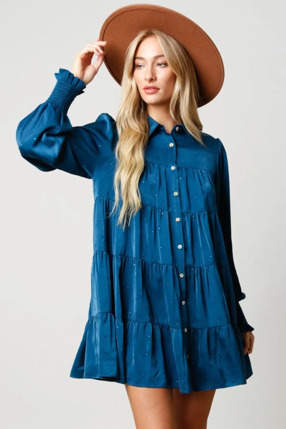 Peach Love California Mini- Teal Rhinestone Button Down Shirt Dress