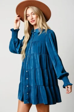 Peach Love California Mini- Teal Rhinestone Button Down Shirt Dress