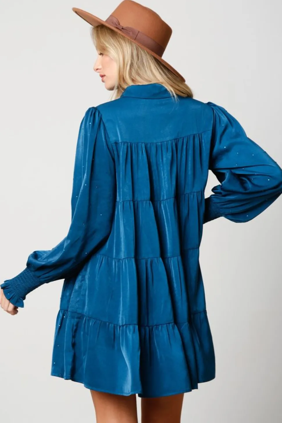 Peach Love California Mini- Teal Rhinestone Button Down Shirt Dress