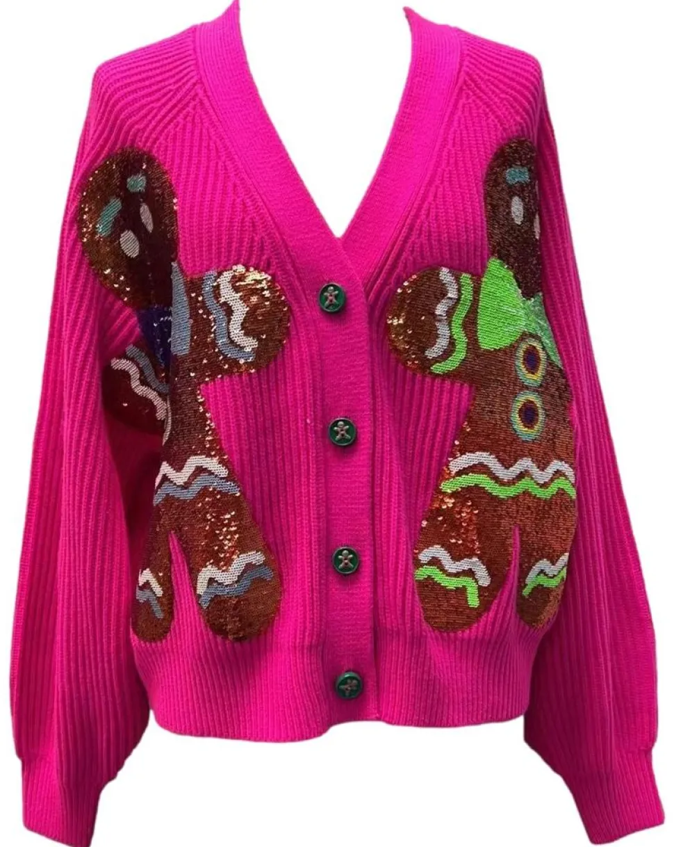 Queen of Sparkles Sweaters- Gingerbread Hot Pink Cardigan