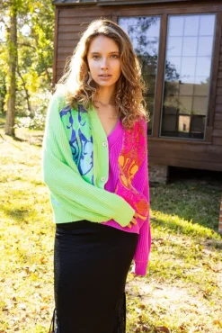 Queen of Sparkles Sweaters- Green And Purple Colorblock Boot Cardigan