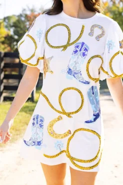 Queen of Sparkles Mini- White Cowgirl Icon Poof Sleeve Dress