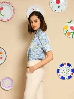 Sister Jane Blouses- Sky Floral Ruffle Blouse - Cornflower Blue