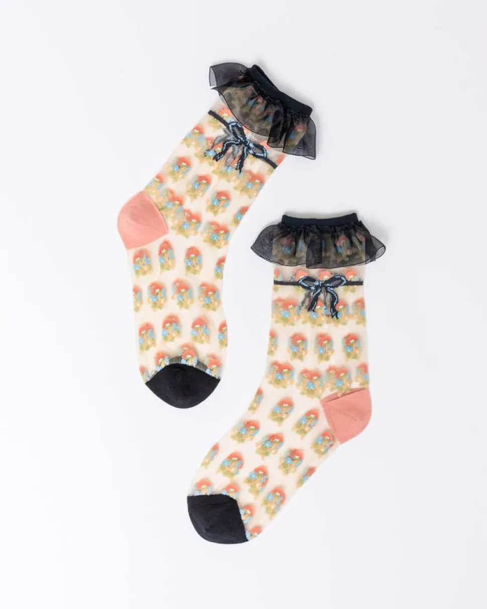 Sock Candy Socks And Tights- Repeat Floral Ruffle Sheer Crew Sock