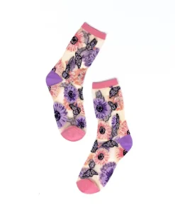 Sock Candy Socks And Tights- Sunflower Butterfly Sheer Crew Sock