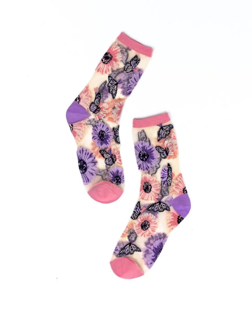 Sock Candy Socks And Tights- Sunflower Butterfly Sheer Crew Sock