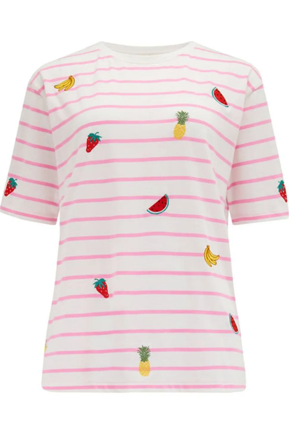Sugarhill Brighton T-Shirts- Kinsley Relaxed T-Shirt - Off-White/Pink, Fruit Embroidery