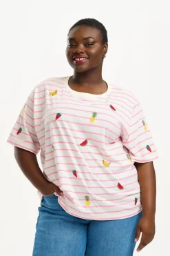 Sugarhill Brighton T-Shirts- Kinsley Relaxed T-Shirt - Off-White/Pink, Fruit Embroidery