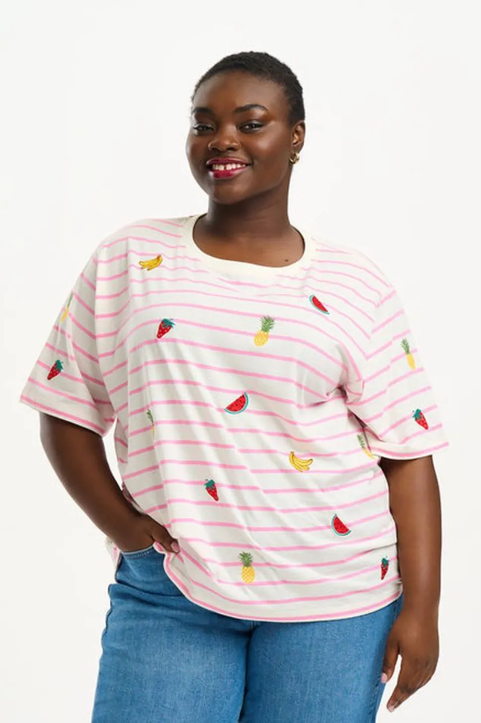 Sugarhill Brighton T-Shirts- Kinsley Relaxed T-Shirt - Off-White/Pink, Fruit Embroidery