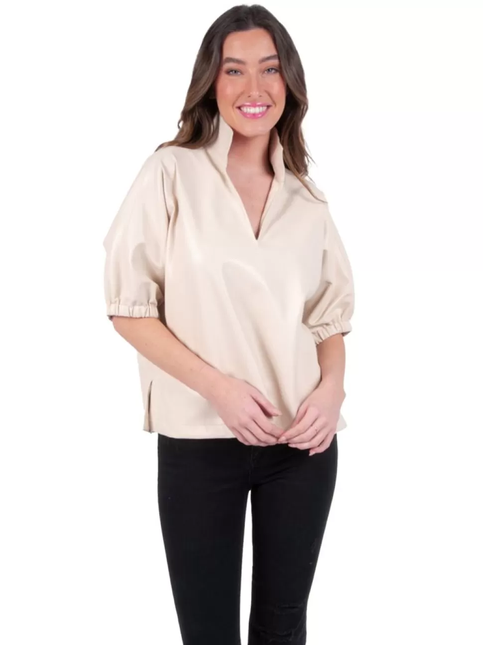 Emily McCarthy Blouses- Poppy Top Sandshell Vegan Leather