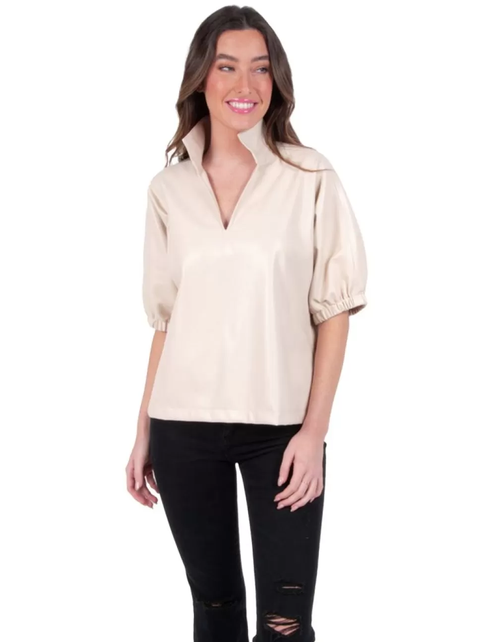 Emily McCarthy Blouses- Poppy Top Sandshell Vegan Leather