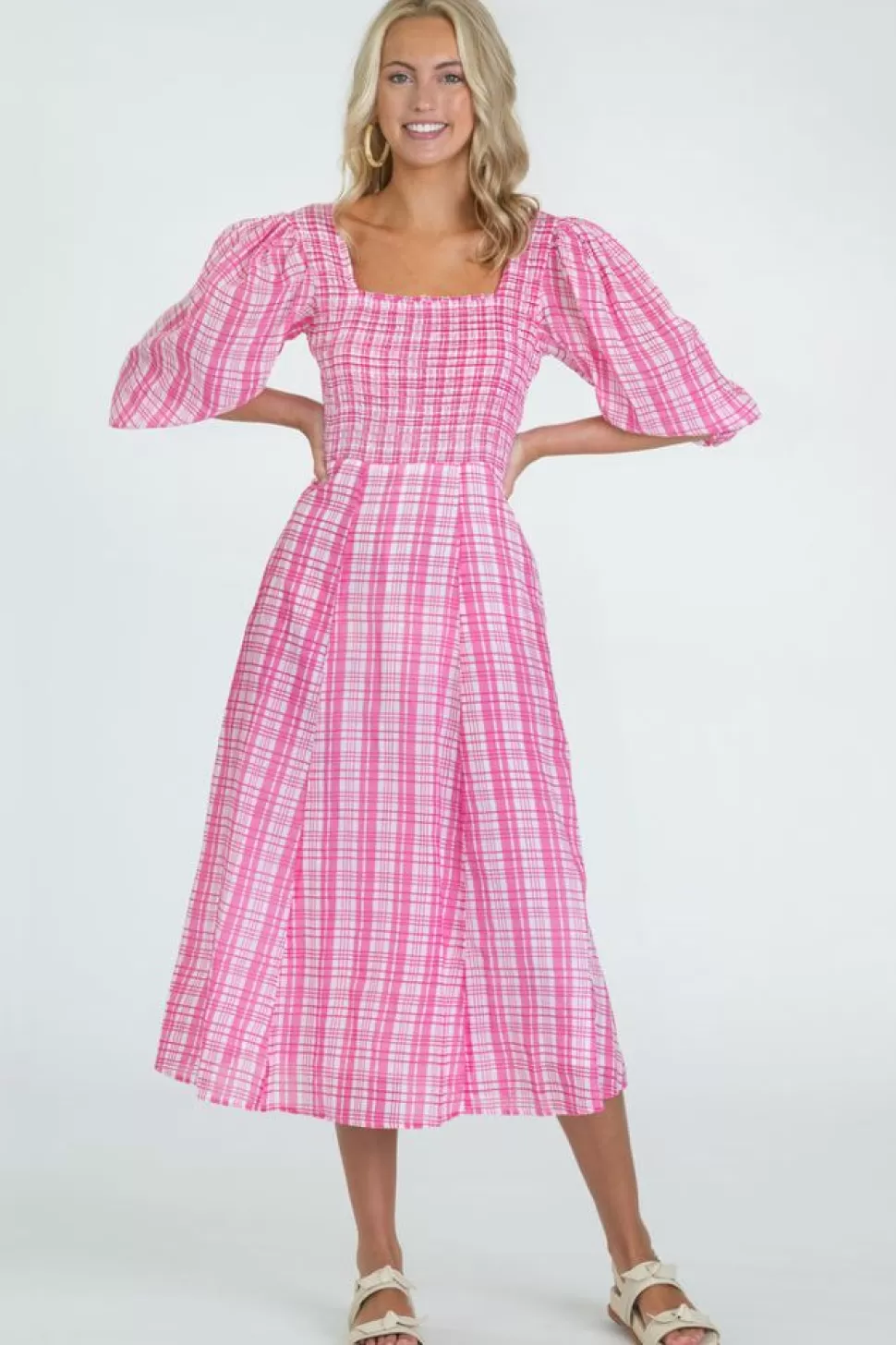 Olivia James the Label Midi- Bridget Dress Country Plaid Pink