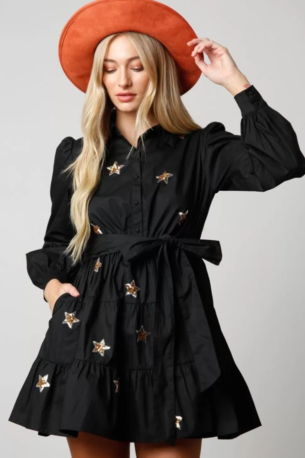 Peach Love California Mini- Star Sequin Patch Shirt Dress