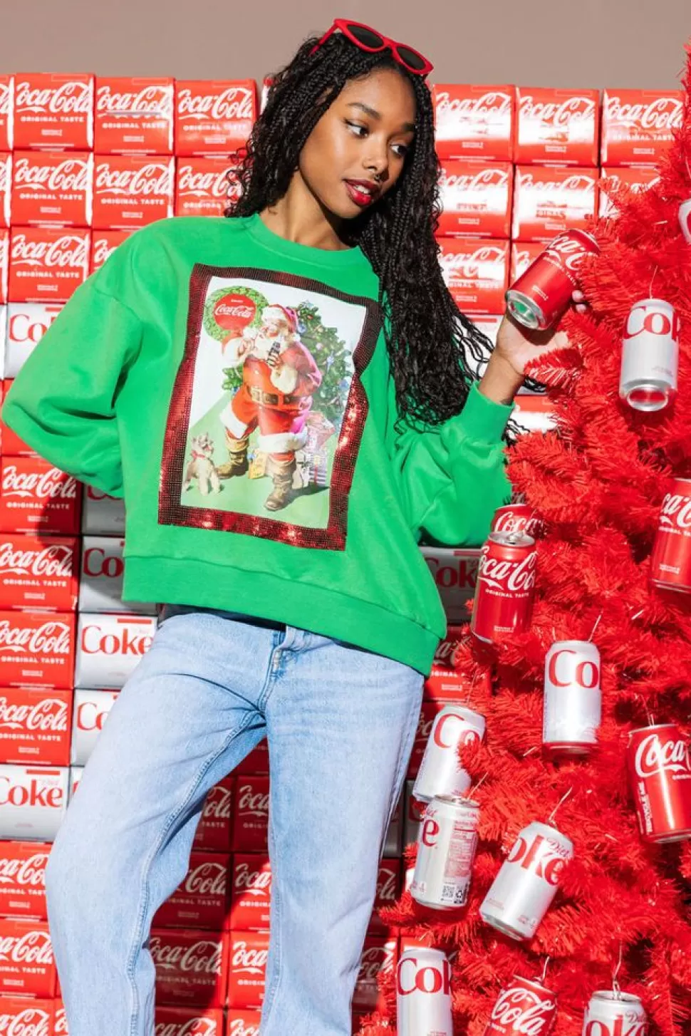 Queen of Sparkles Sweatshirts- Green Santa Drinking Coke Sweatshirt