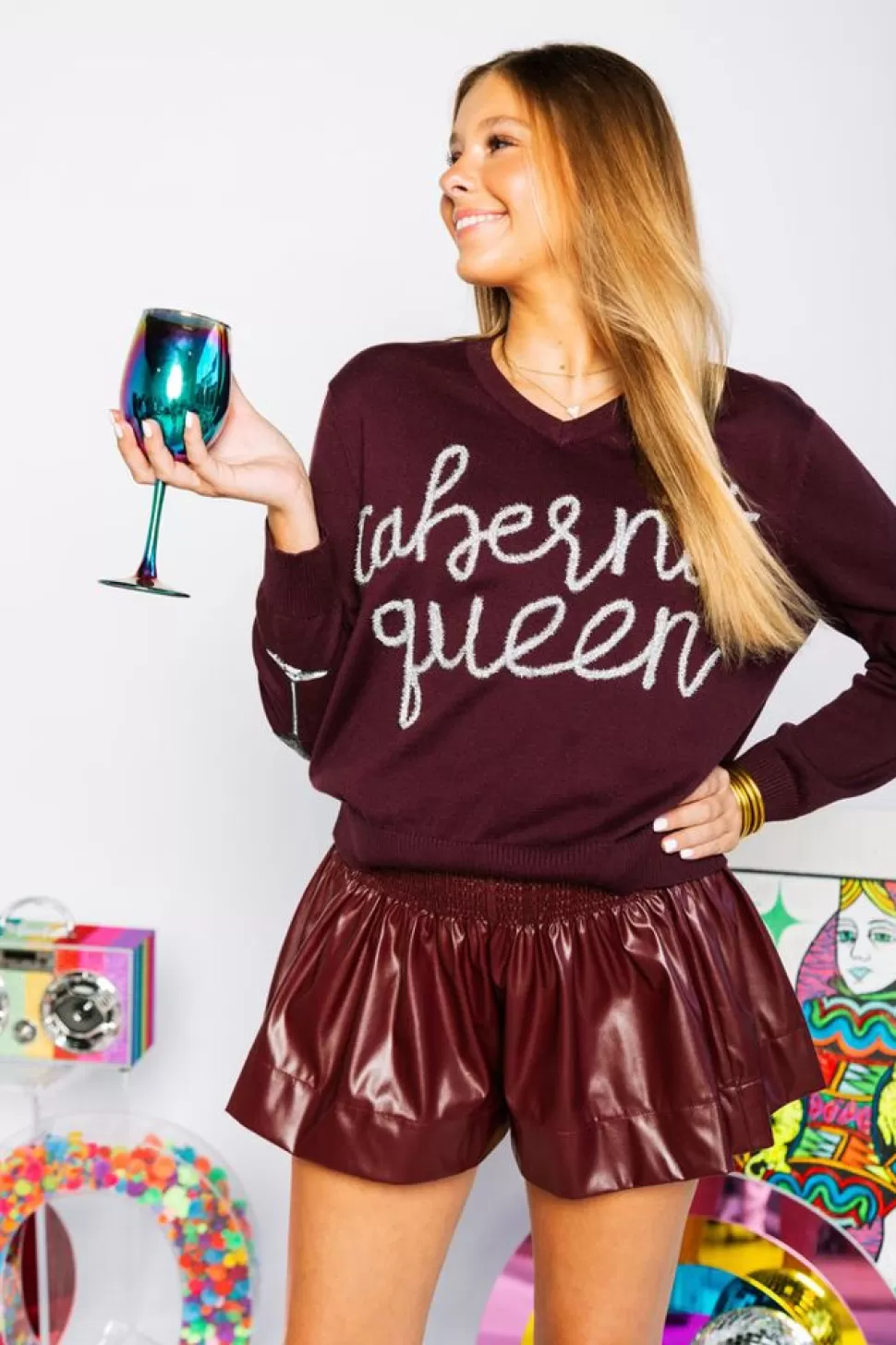 Queen of Sparkles Shorts- Maroon Leather Swing Shorts