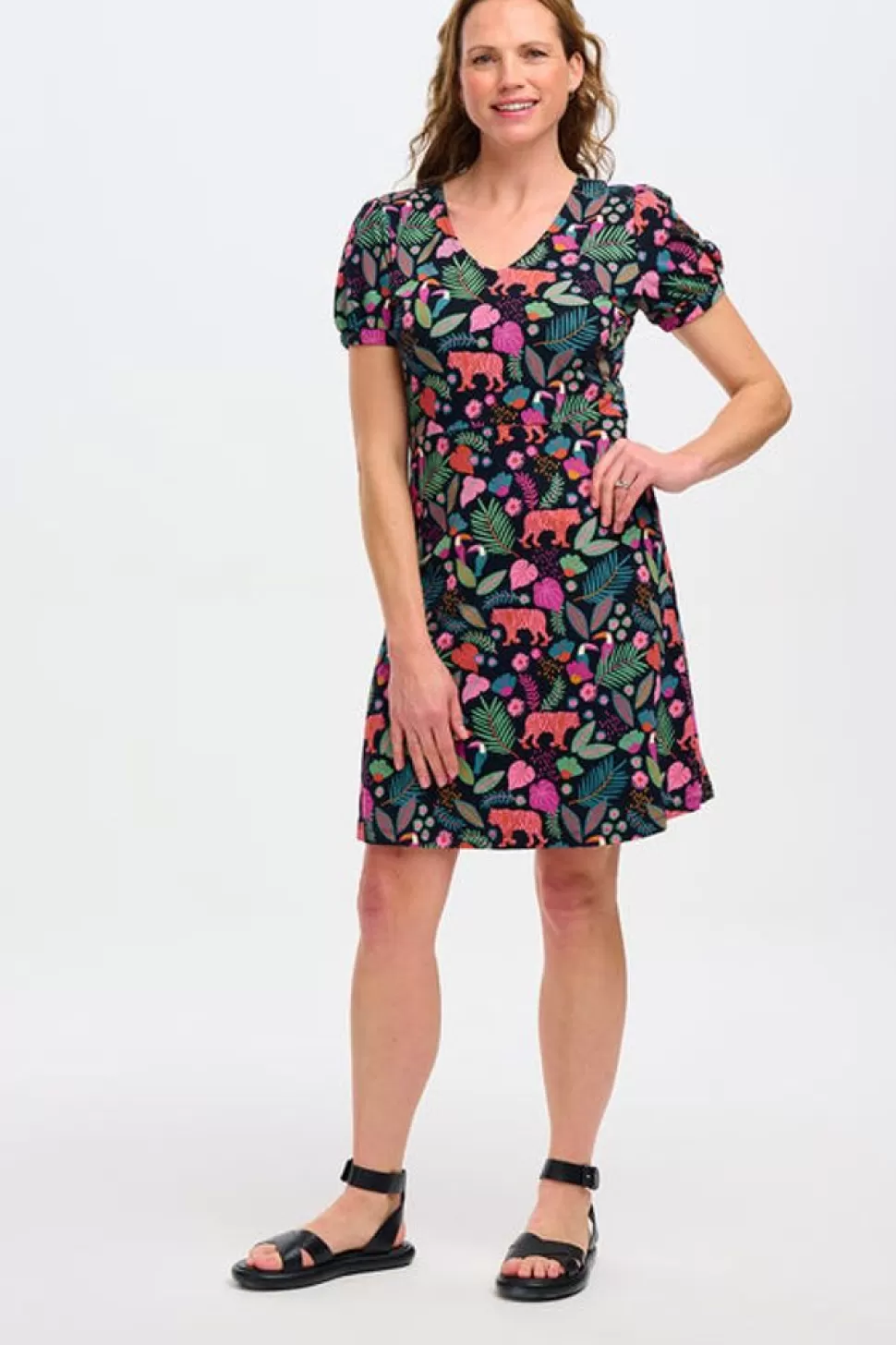 Sugarhill Brighton Mini- Annette V-Neck Jersey Dress - Black, Tigers & Toucans