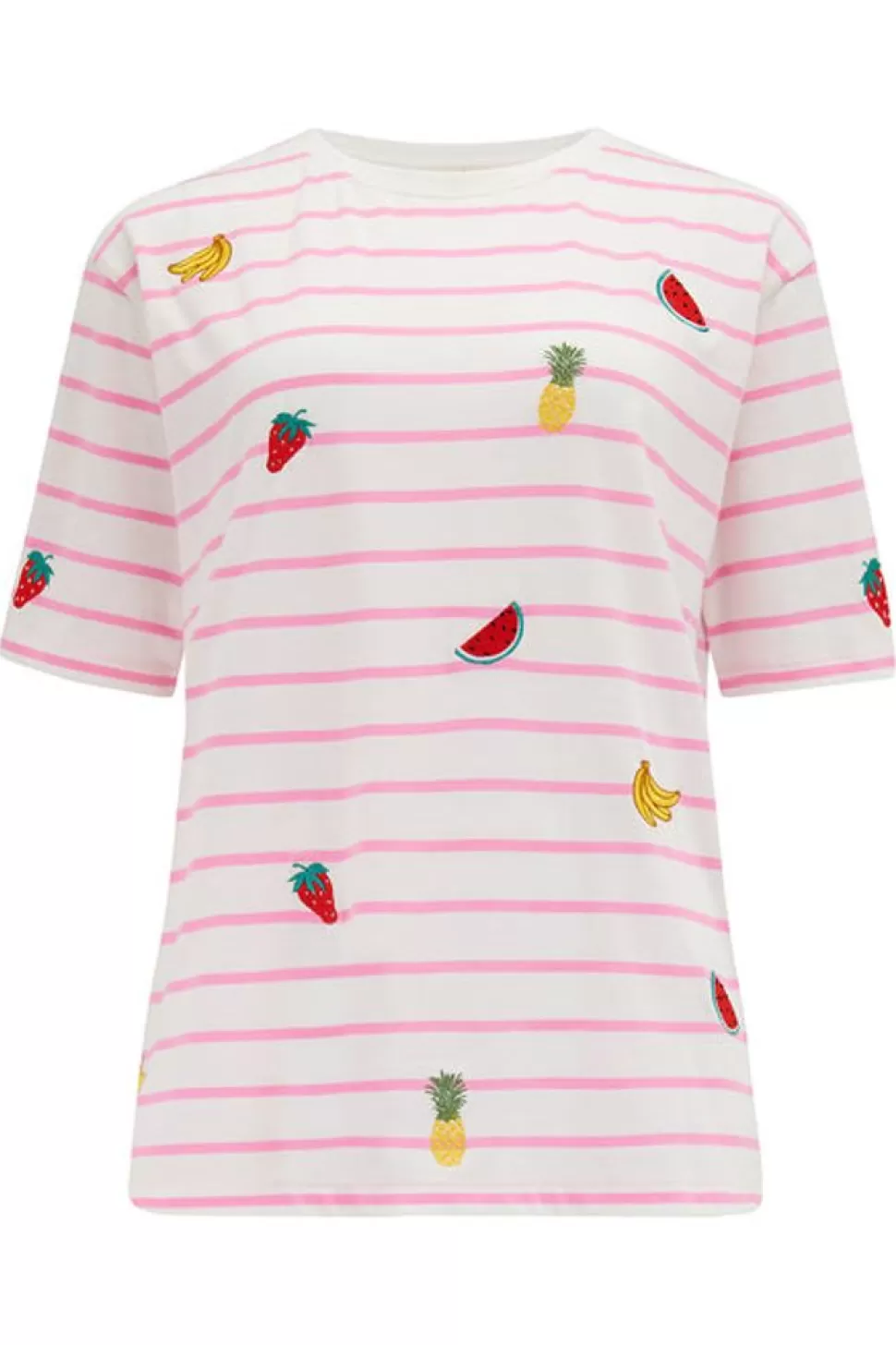 Sugarhill Brighton T-Shirts- Kinsley Relaxed T-Shirt - Off-White/Pink, Fruit Embroidery