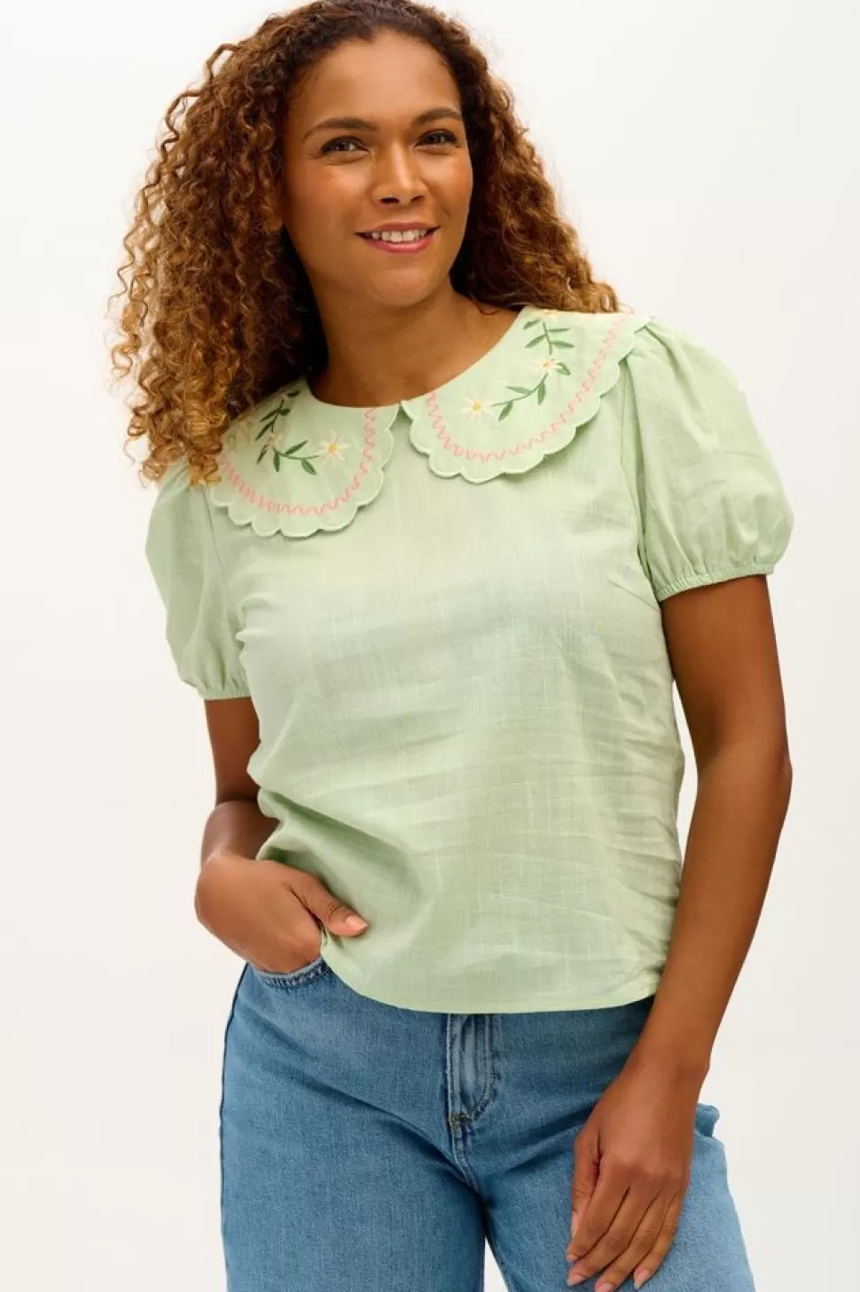 Sugarhill Brighton Blouses- Macie Scallop Collar Top Floral Embroidery