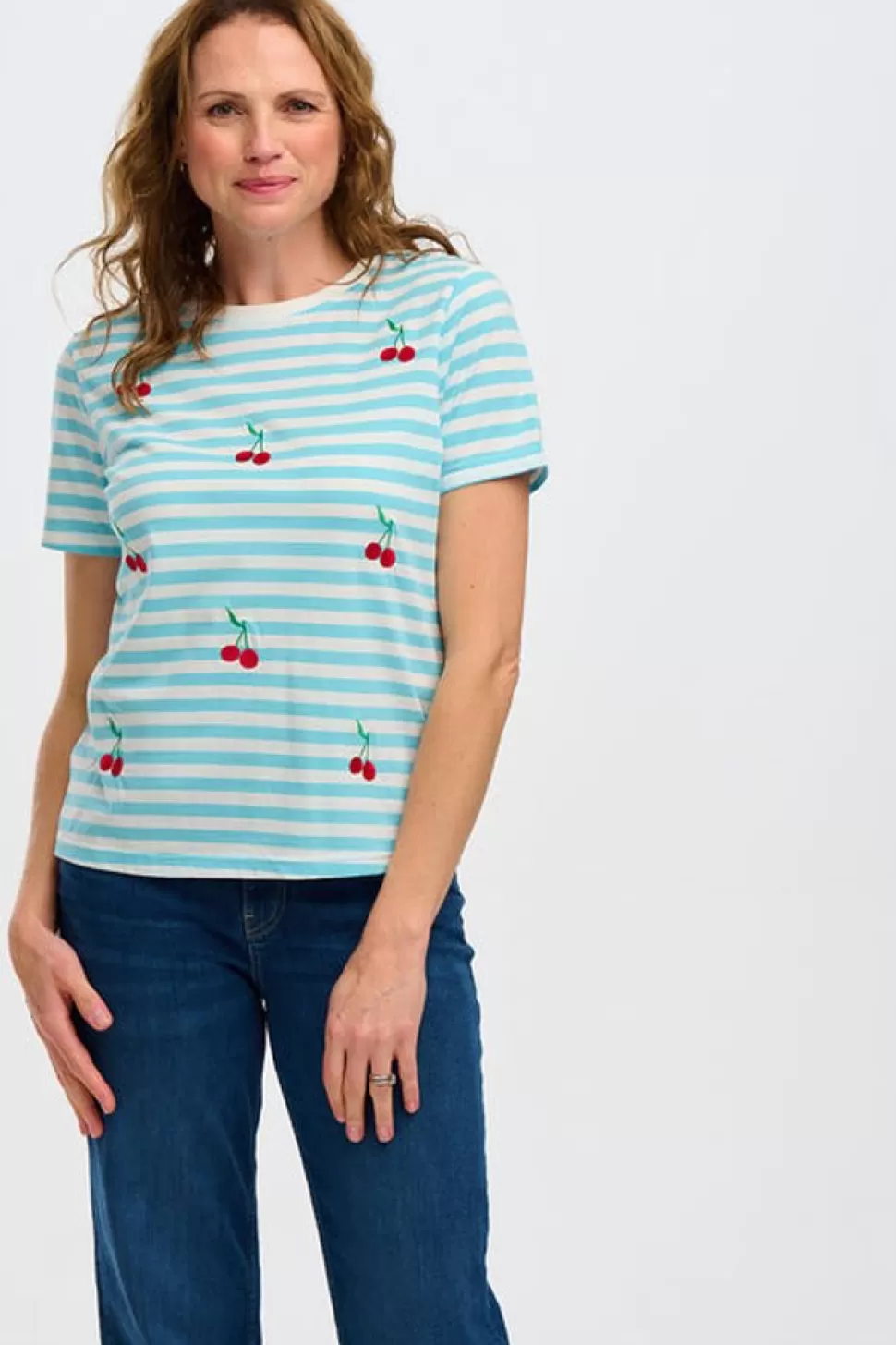 Sugarhill Brighton T-Shirts- Maggie T-Shirt - Blue/White, Cherry Embroidery