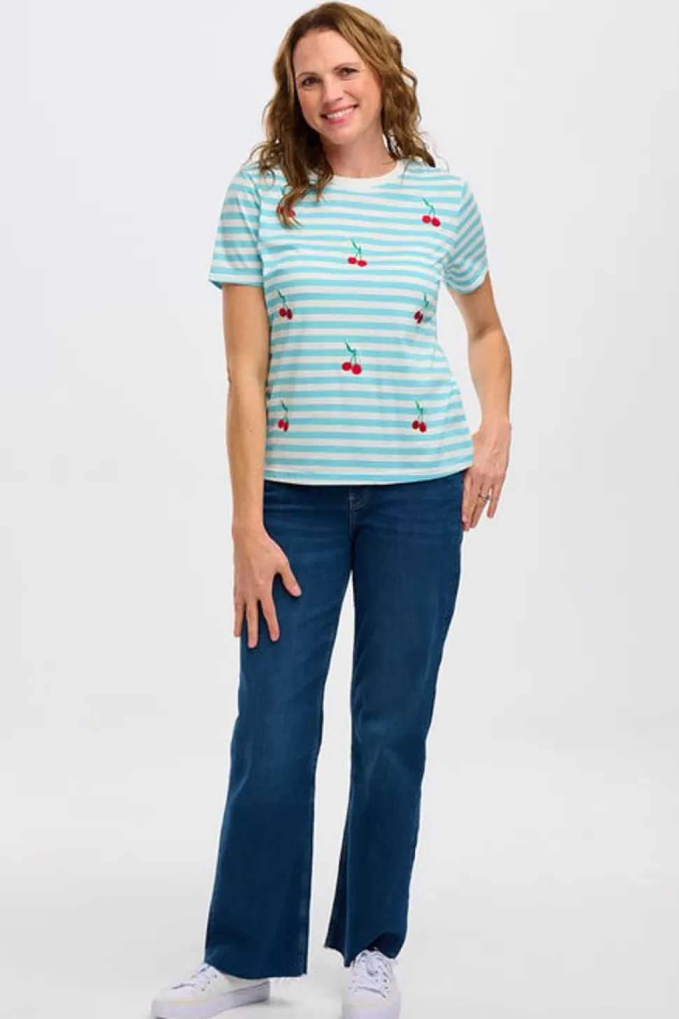 Sugarhill Brighton T-Shirts- Maggie T-Shirt - Blue/White, Cherry Embroidery